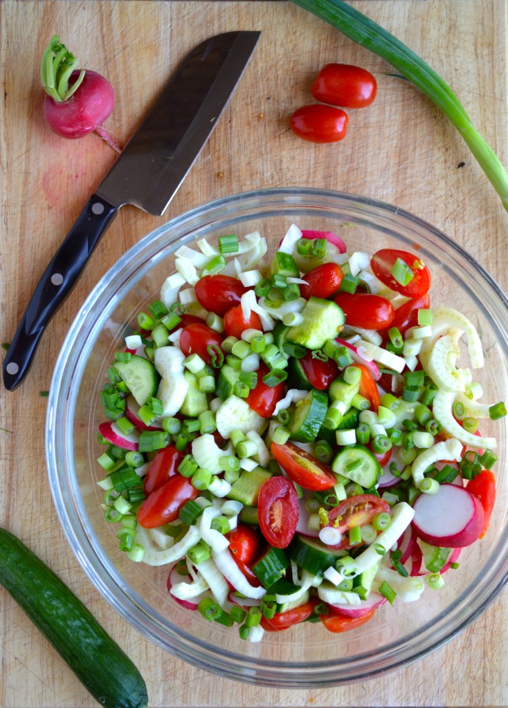 chopped vegetable salad with yogurt dressing