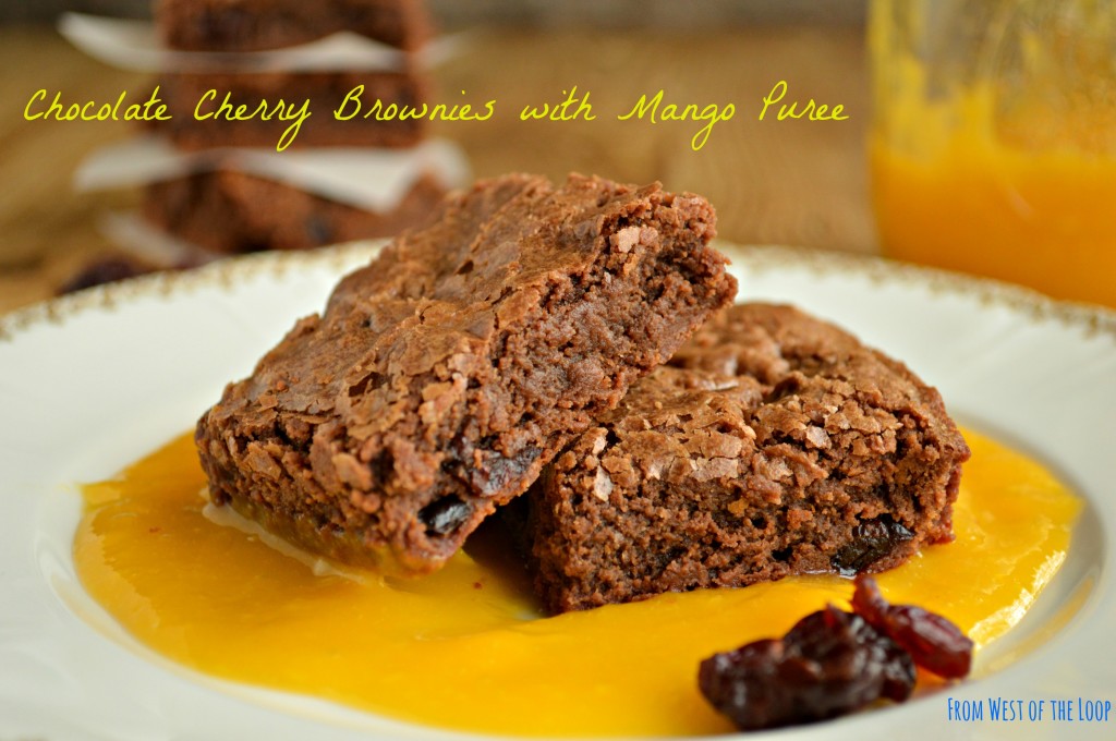  fudgy brownies with a tart and refreshing mango puree