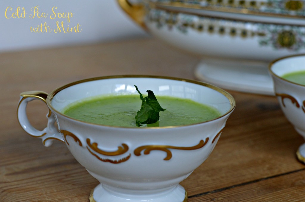Elegant first course: cold pea soup with mint