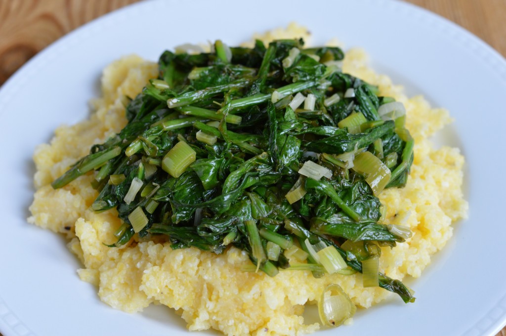 garlic turnip greens over polenta