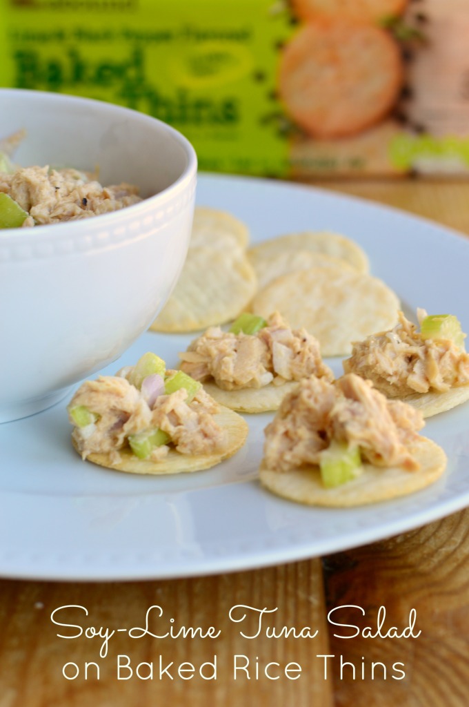 soy-lime tuna salad on gold emblem abound baked rice thins