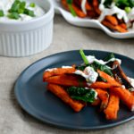 Sweet Potato Fries with Spinach and Mint Yogurt Sauce