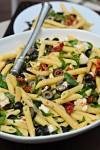 penne with black olives, sun-dried tomatoes, feta and spinach