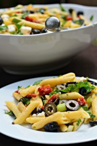 penne with black olives, sun-dried tomatoes, feta and spinach