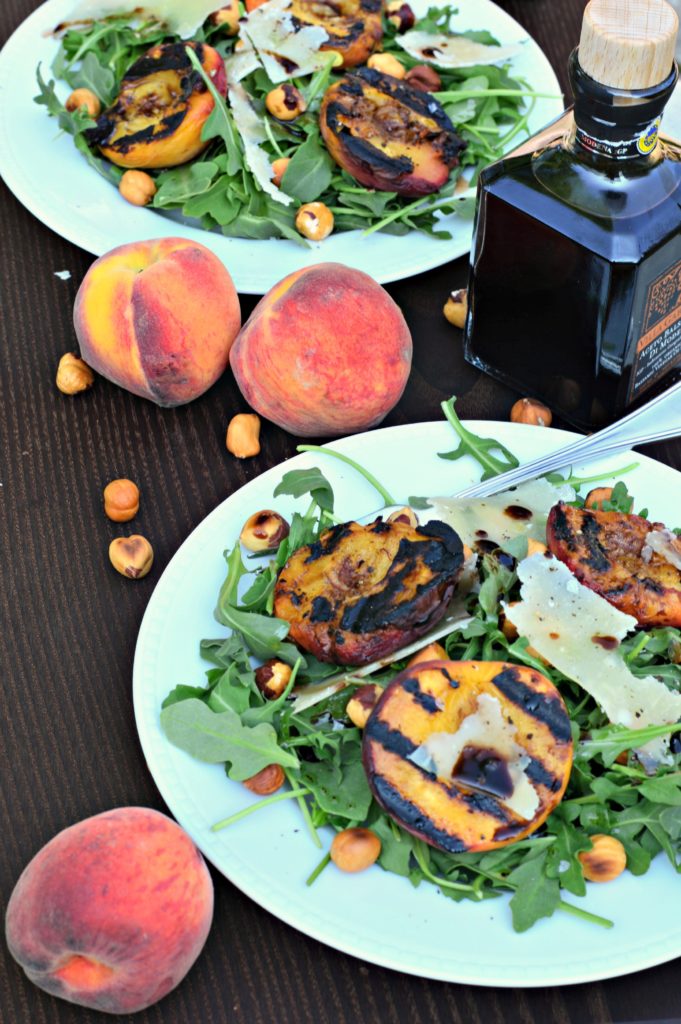 arugula with grilled peaches, hazelnuts and parmesan