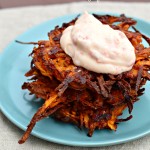 Sweet Potato Latkes with Harissa Yogurt