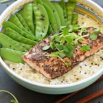 Garlicky Salmon and Snow Pea Rice Bowl