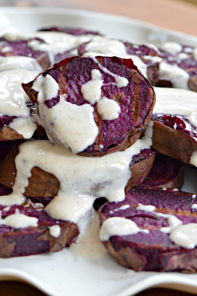 purple sweet potatoes with yogurt sauce