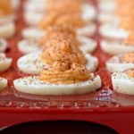 Harissa Deviled Eggs (with no Mayo!)